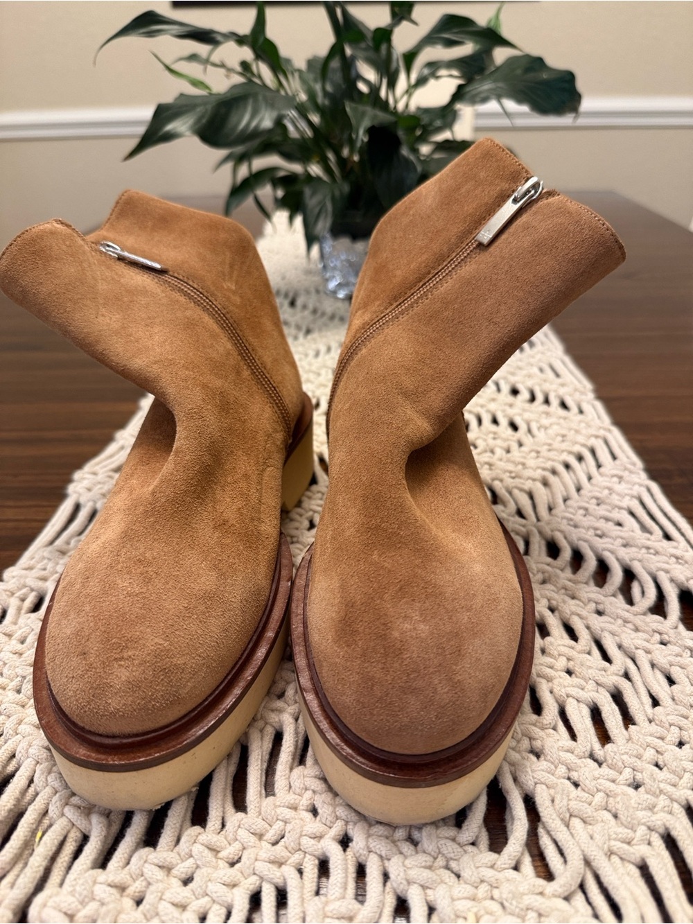 Aquatalia Tan Suede Platform Zip Ankle Boots